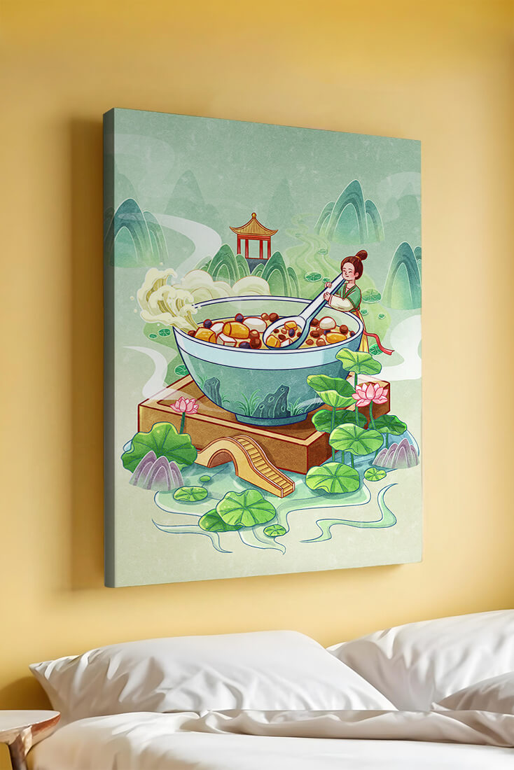 Illustration of a traditional Asian scene with large bowl and serene landscape