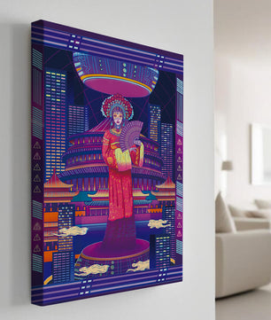 Futuristic Asian Inspired Artwork with Neon Colors and Geisha in Traditional Attire