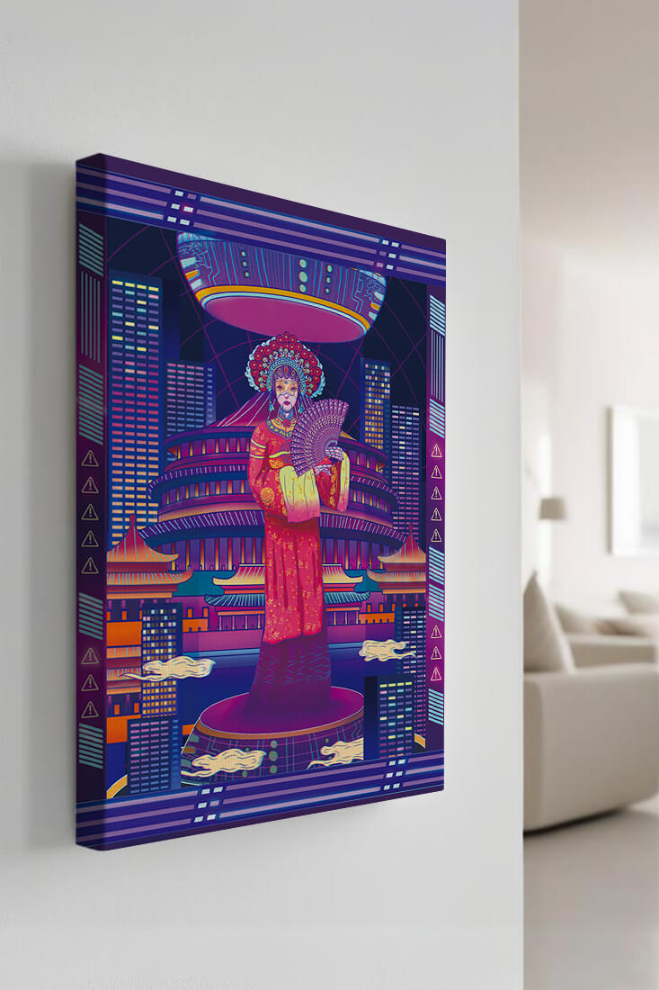 Futuristic Asian Inspired Artwork with Neon Colors and Geisha in Traditional Attire