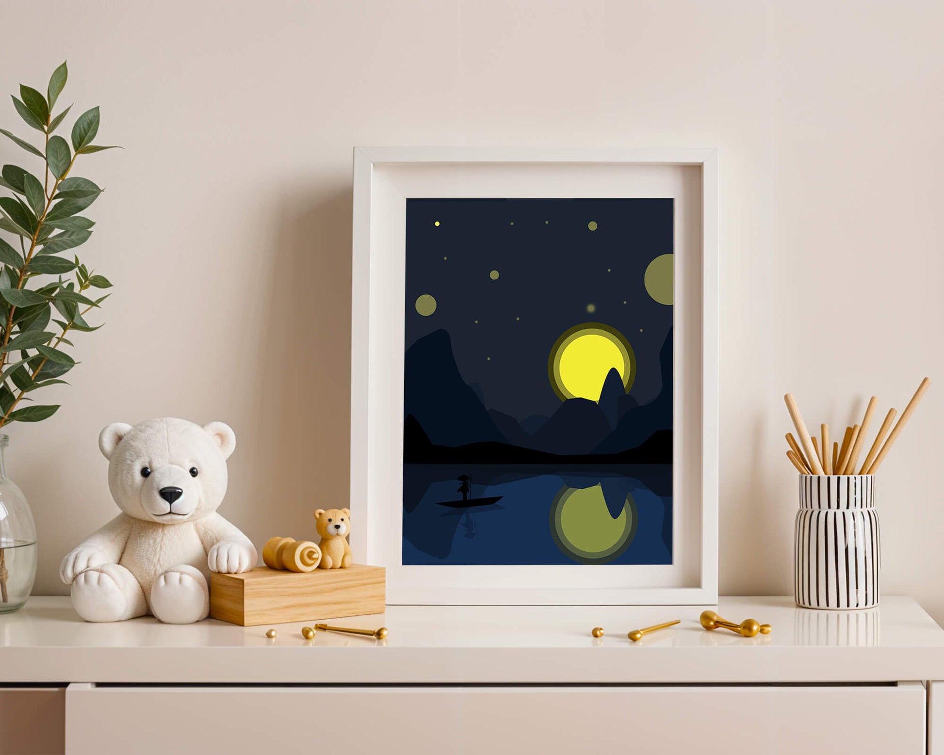 Serene night landscape with moonlit river and silhouetted boat