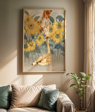Pintura acuarela de jirafas y girasoles en una escena tierna de una familia de jirafas