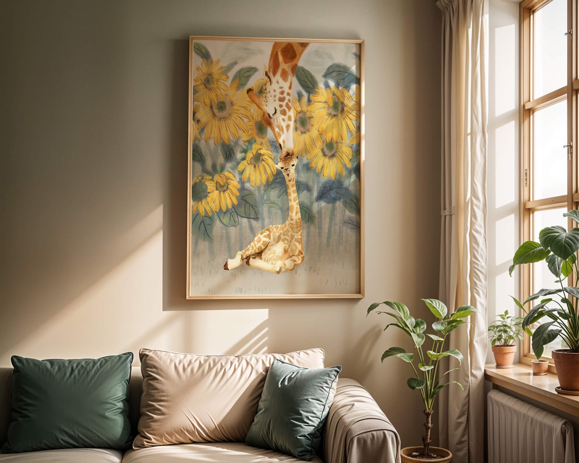 Giraffe and sunflowers watercolor painting of tender giraffe family scene