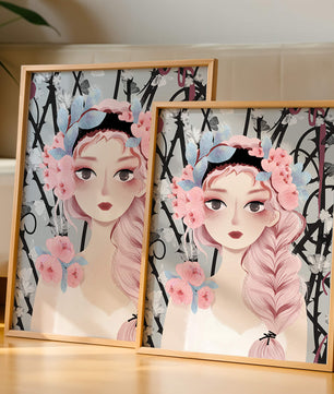 Illustration of a girl with floral headpiece against abstract floral background