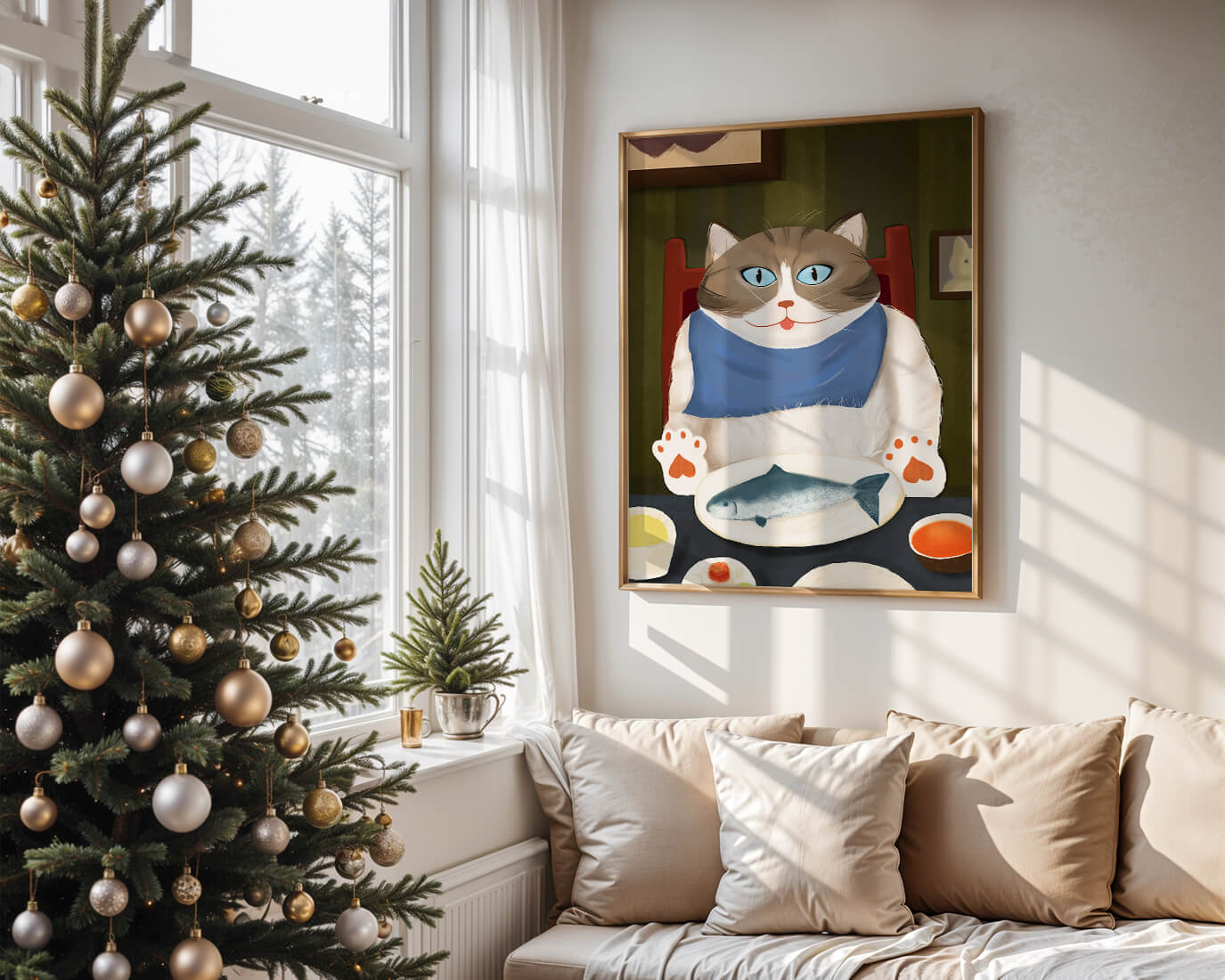 Ilustración de un gato comiendo con pescado y babero azul