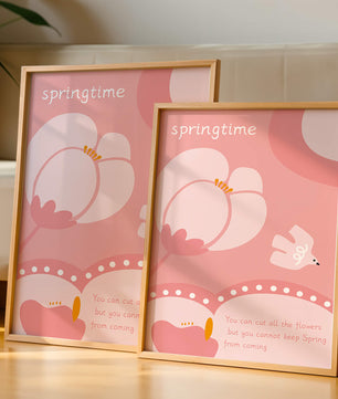 Springtime illustration with flowers and bird on pink background