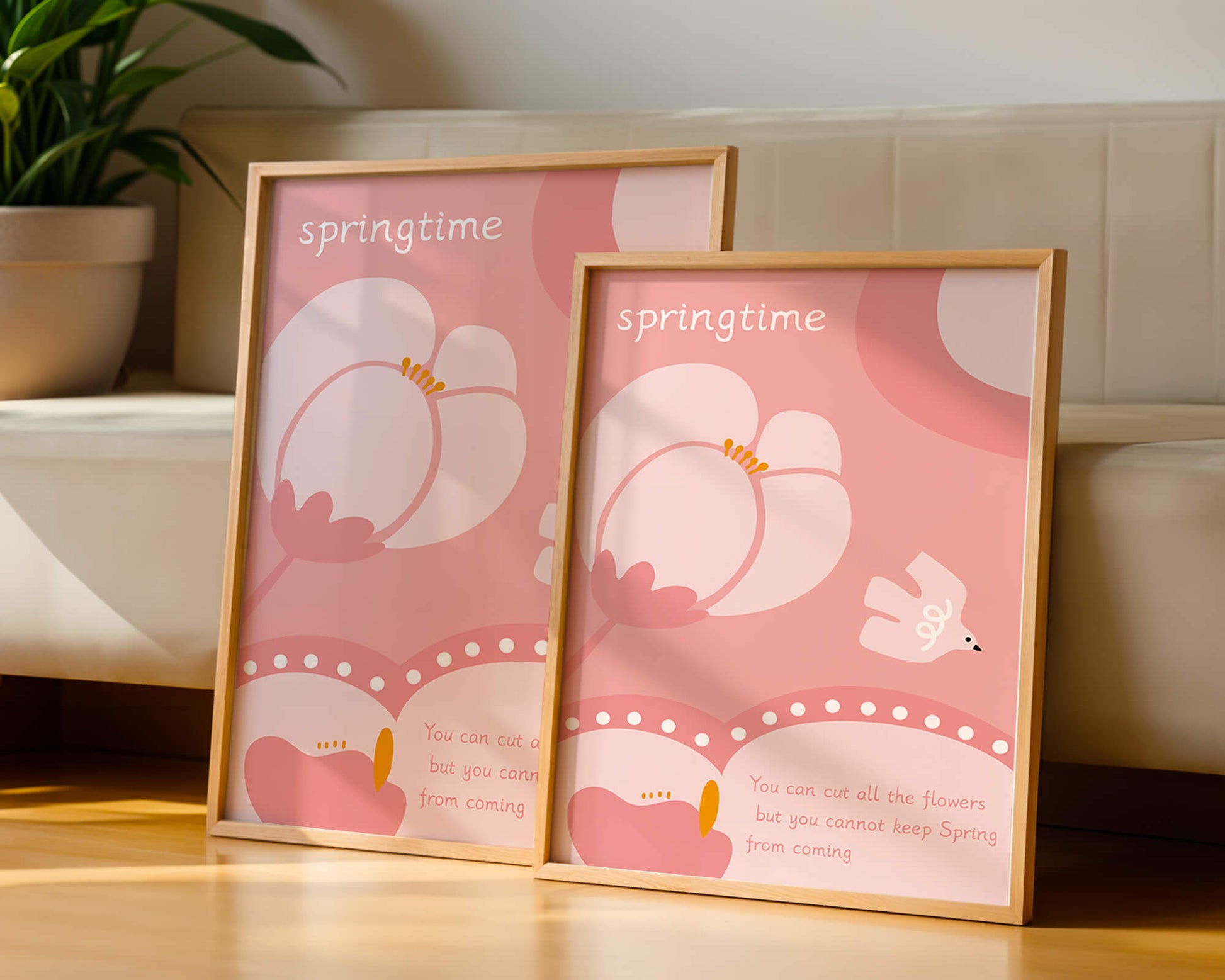 Springtime illustration with flowers and bird on pink background