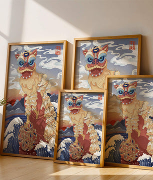 Traditionelle chinesische Löwentanzkunst mit malerischem Hintergrund