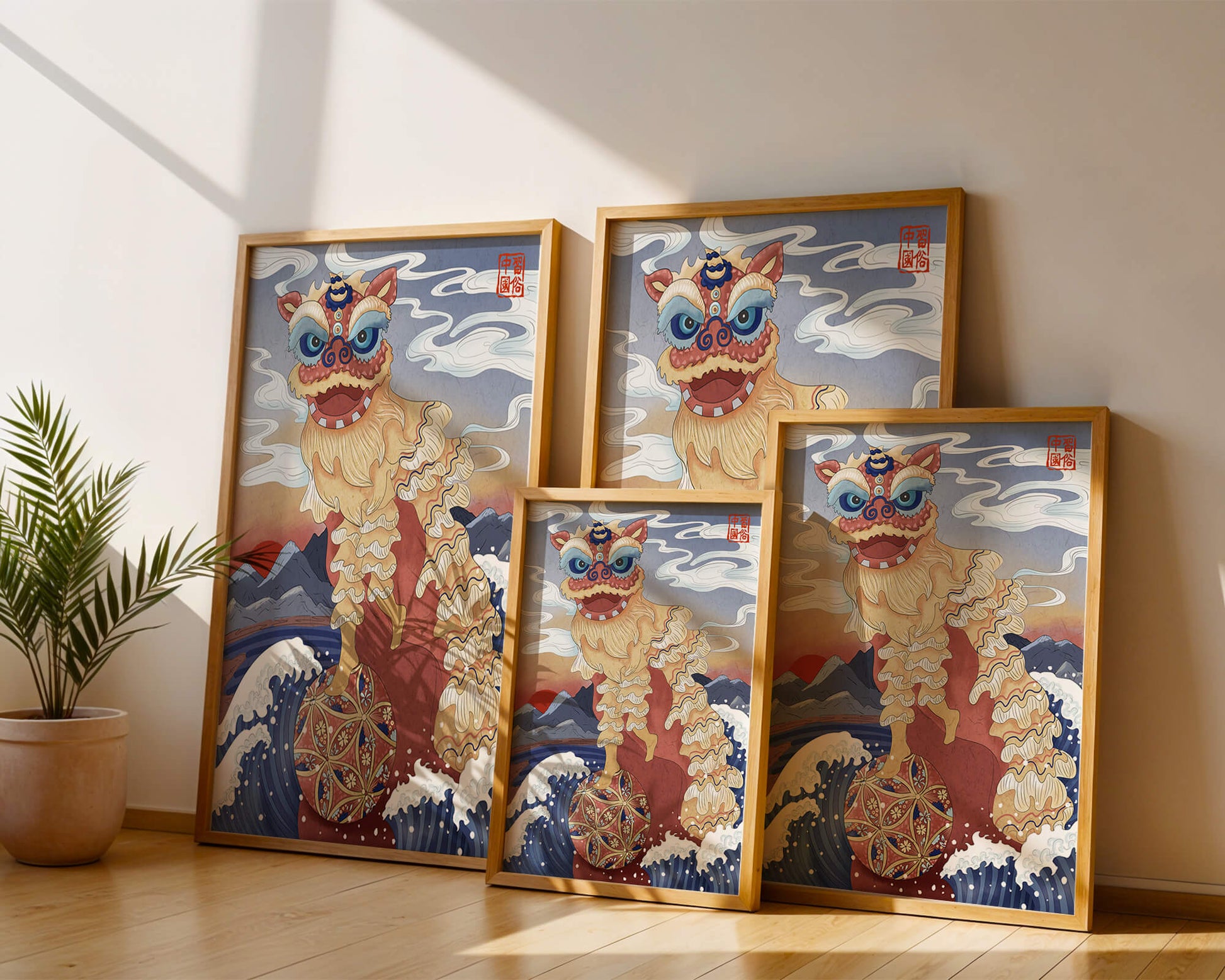 Traditionelle chinesische Löwentanzkunst mit malerischem Hintergrund