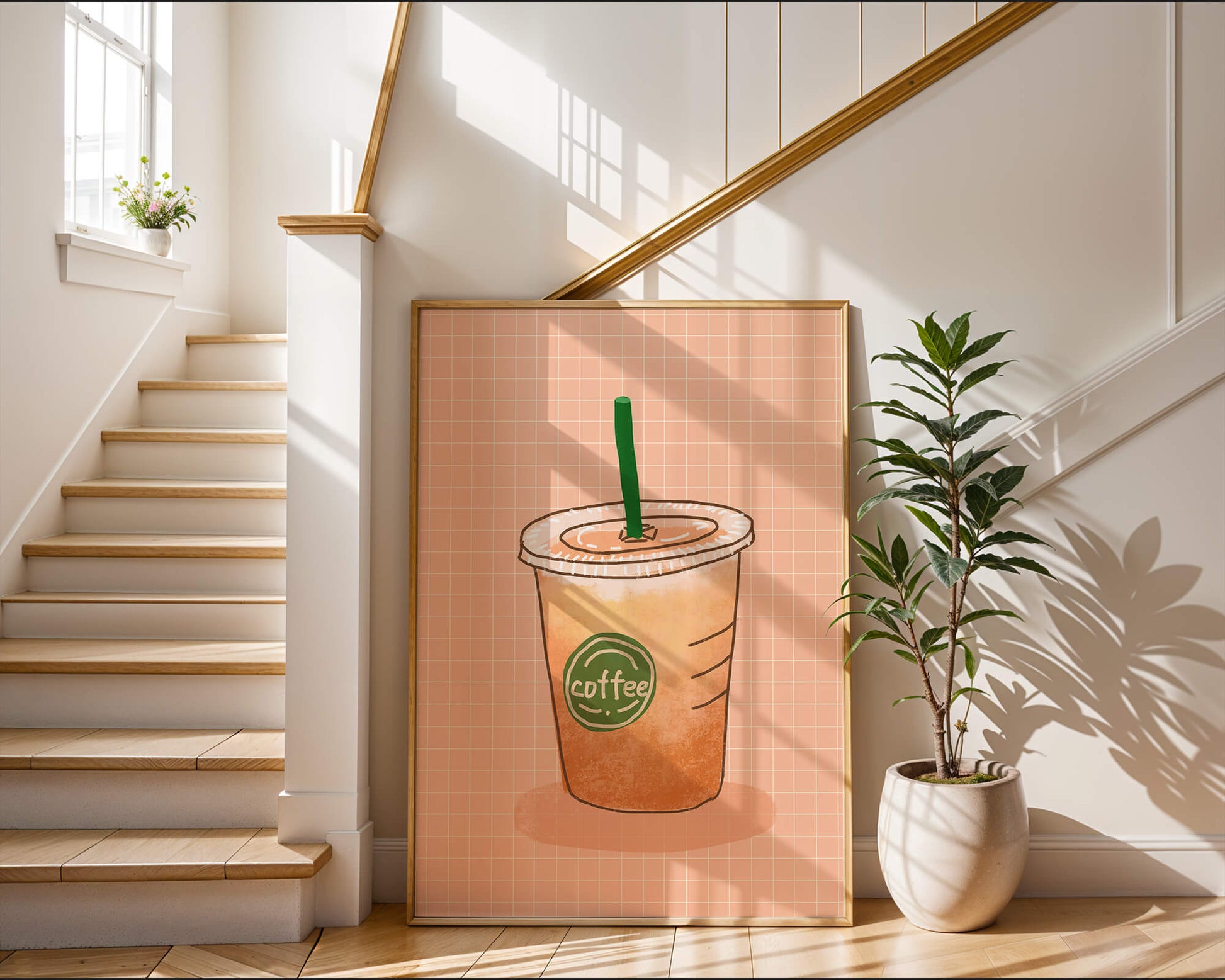 Illustrated iced coffee cup on peach grid background