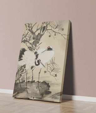 Traditional Japanese Painting of Cranes with Pine Tree and Gold Details