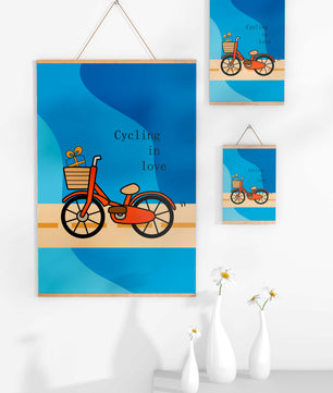 Bicicleta colorida con un regalo en la cesta sobre fondo azul
