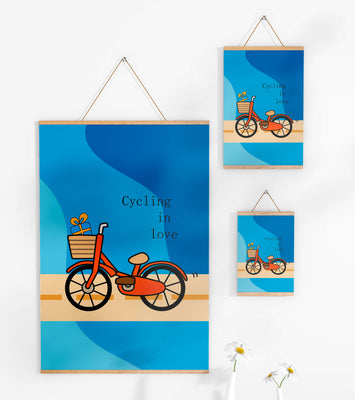 Colorful bicycle with a gift in basket against blue background