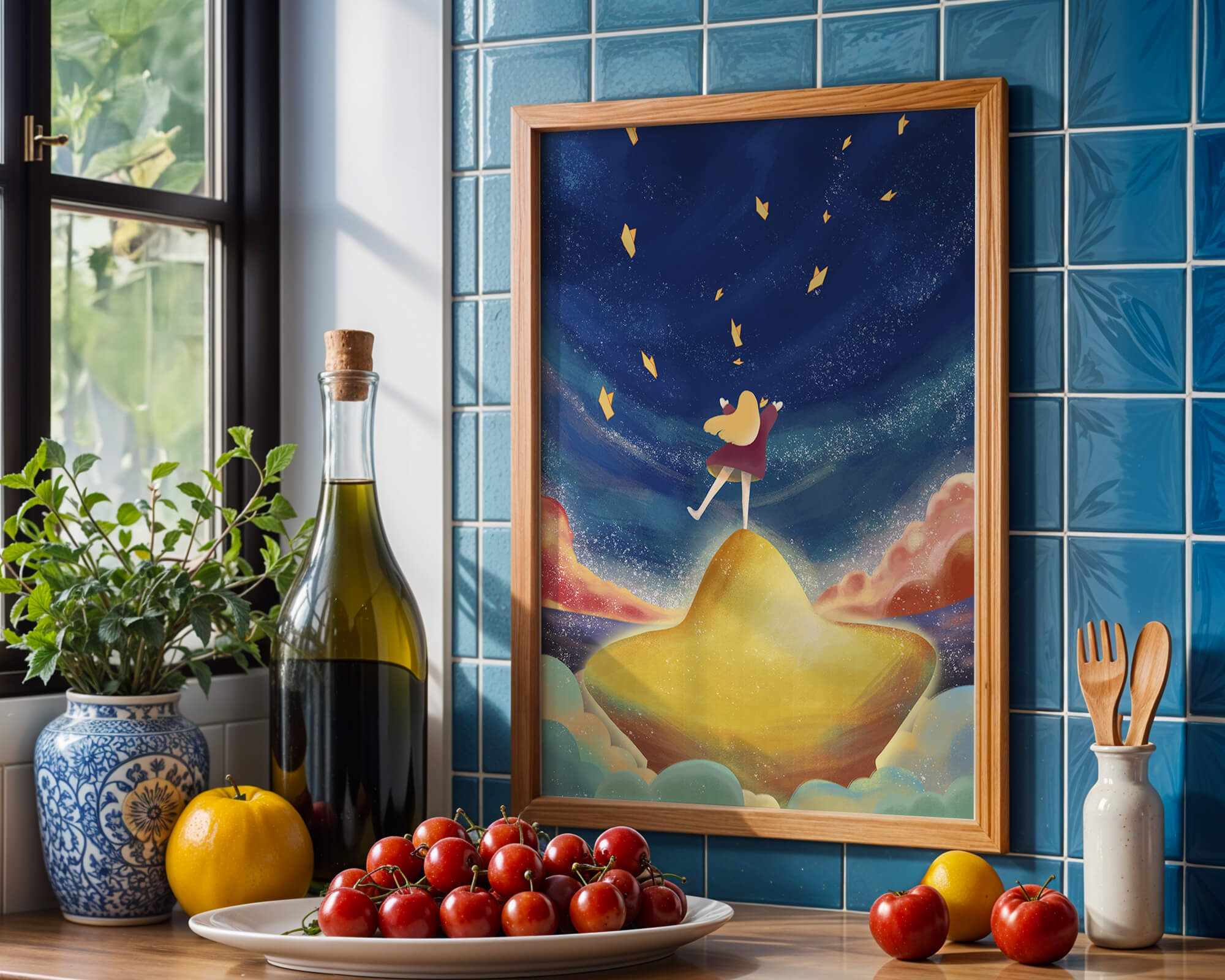 Girl standing on a golden hill reaching for stars in a dreamy night sky