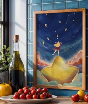 Girl standing on a golden hill reaching for stars in a dreamy night sky