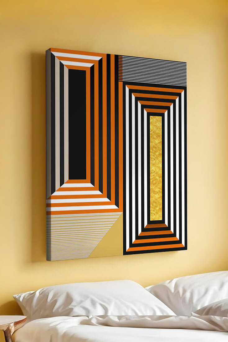 Geometric Abstract Art with Stripes and Gold Element in Orange, Black, and White