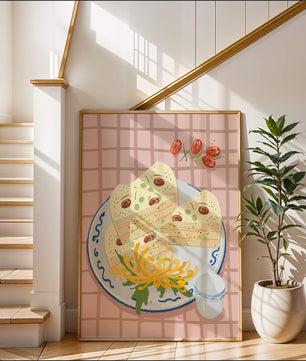 Illustration of layered cake on patterned plate with flowers and a cup