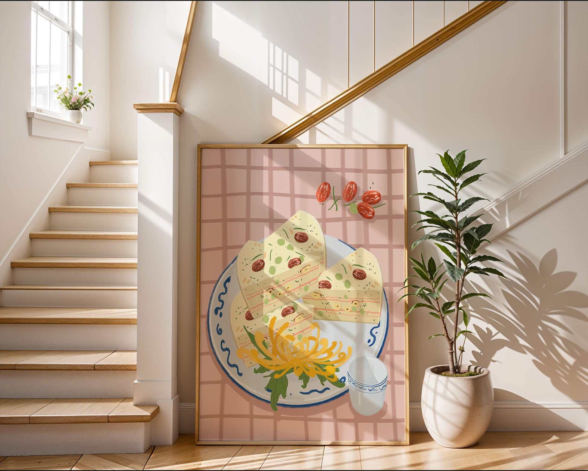 Illustration of layered cake on patterned plate with flowers and a cup
