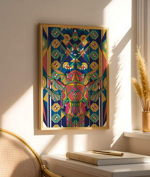Obra de arte abstracta geométrica colorida con patrones simétricos