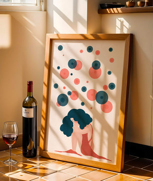 Abstract Illustration of a Woman with Curly Blue Hair Surrounded by Colorful Circles - Mi tienda