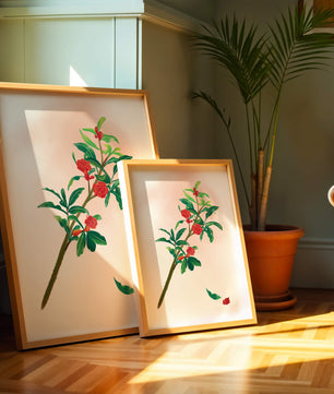 Ilustración detallada de una rama floreciente con flores rojas vivas y hojas verdes exuberantes