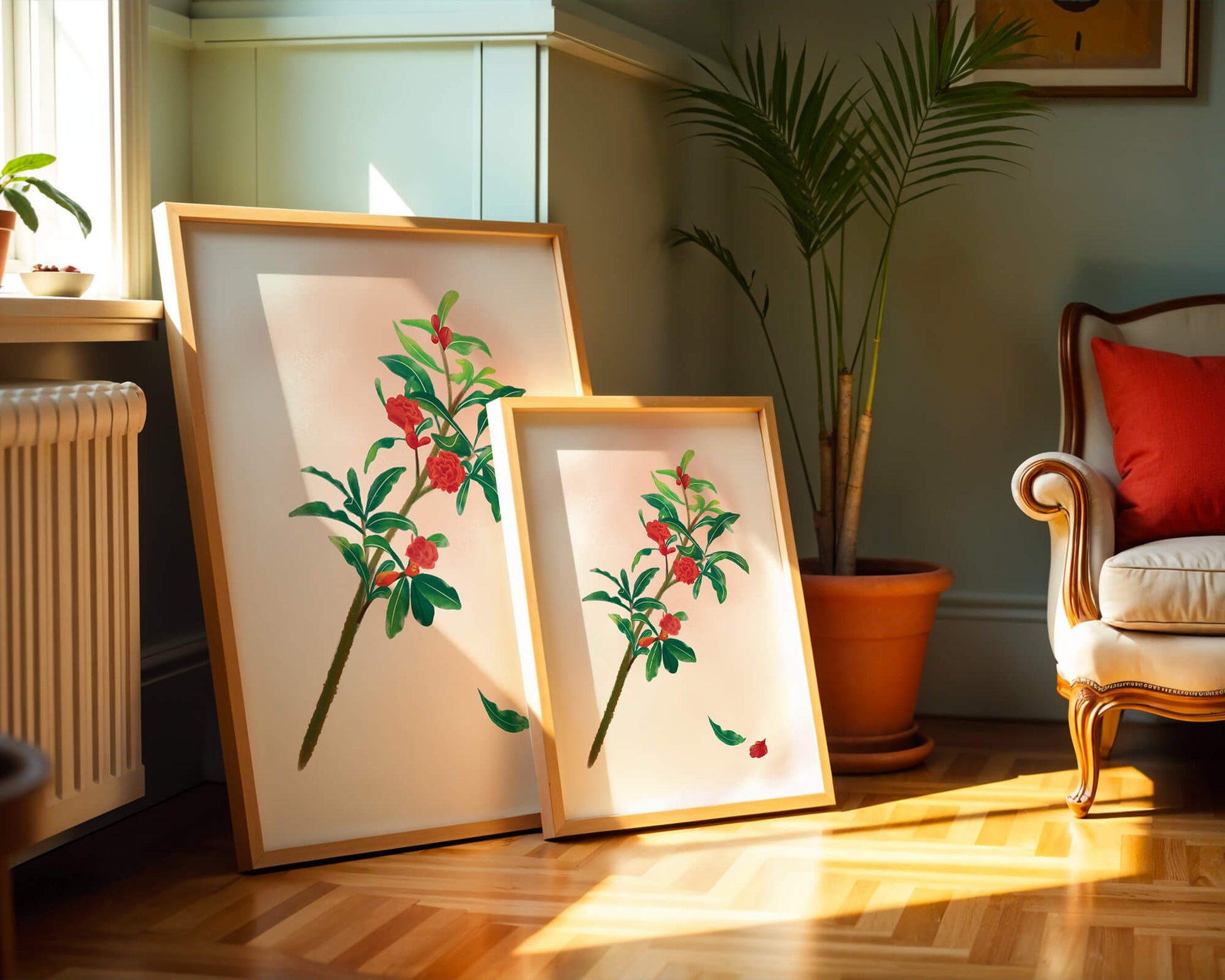 Detailed illustration of a flowering branch with vivid red blooms and lush green leaves