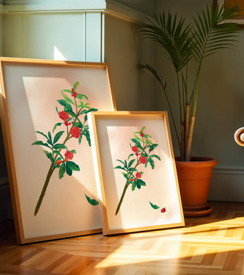 Detailed illustration of a flowering branch with vivid red blooms and lush green leaves