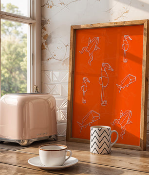 Geometrische Tiermuster auf leuchtend orangefarbenem Hintergrund