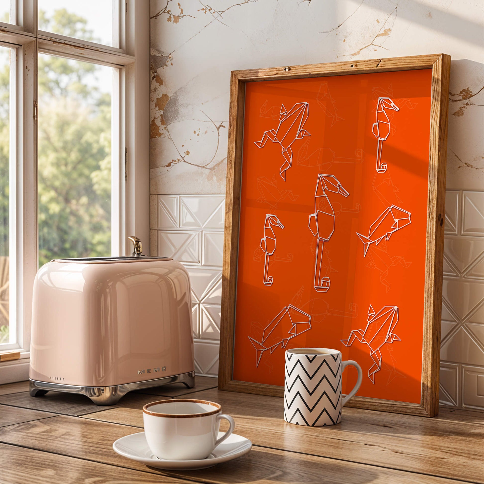 Geometric animal patterns on vibrant orange background