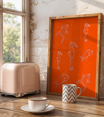 Geometric animal patterns on vibrant orange background