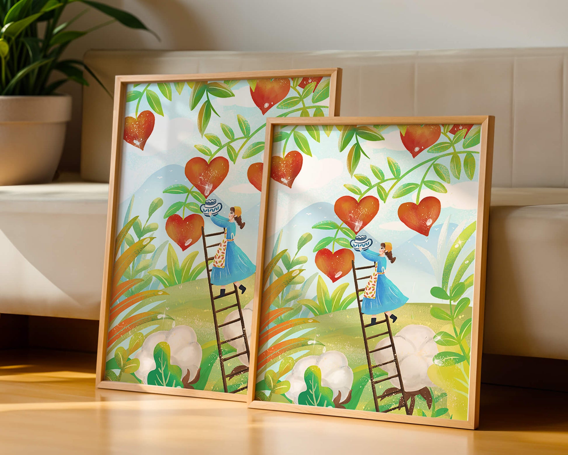 Mujer recolectando frutas en forma de corazón en el vibrante campo