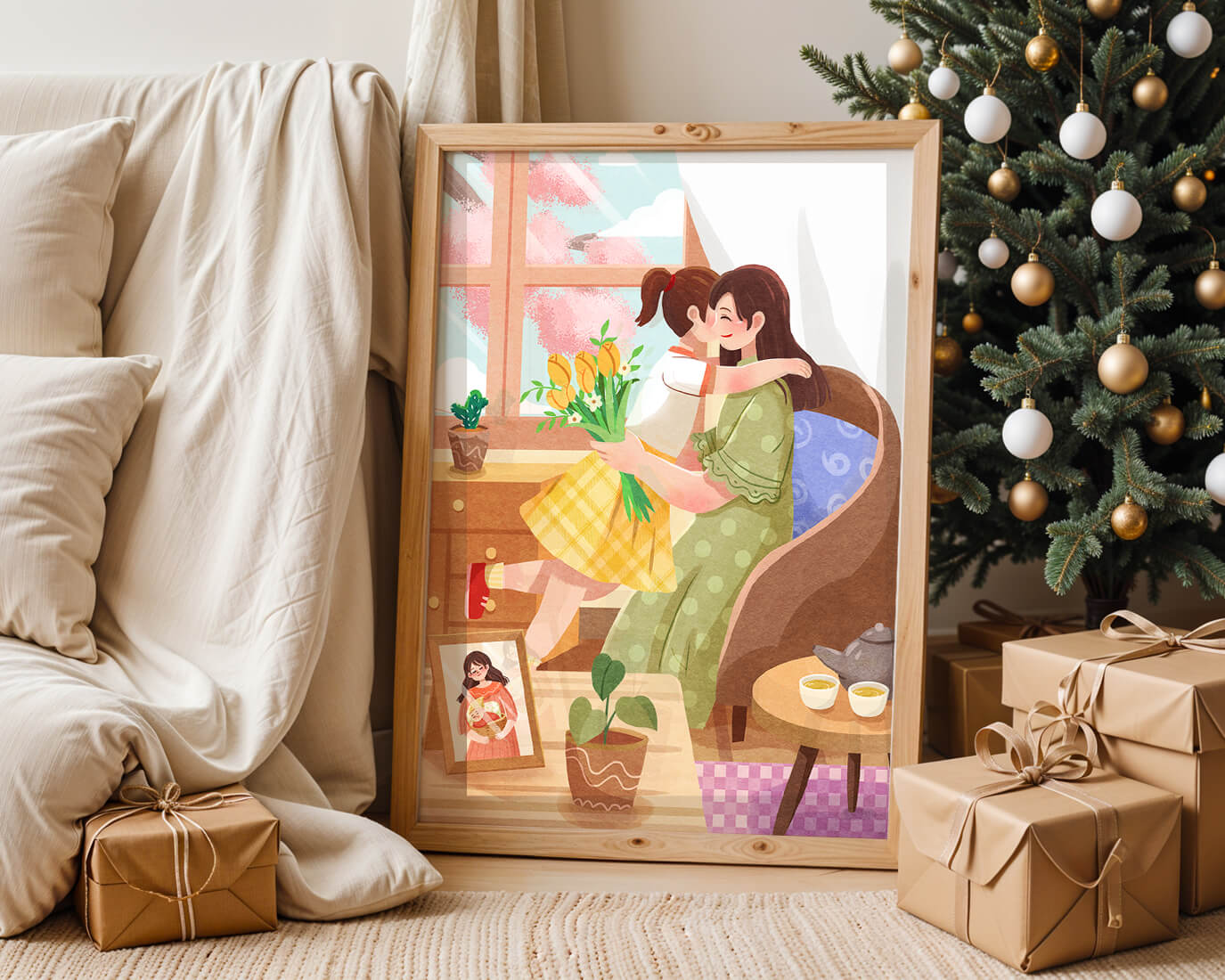 Cozy living room scene with mother and daughter hugging near window
