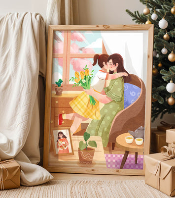 Cozy living room scene with mother and daughter hugging near window