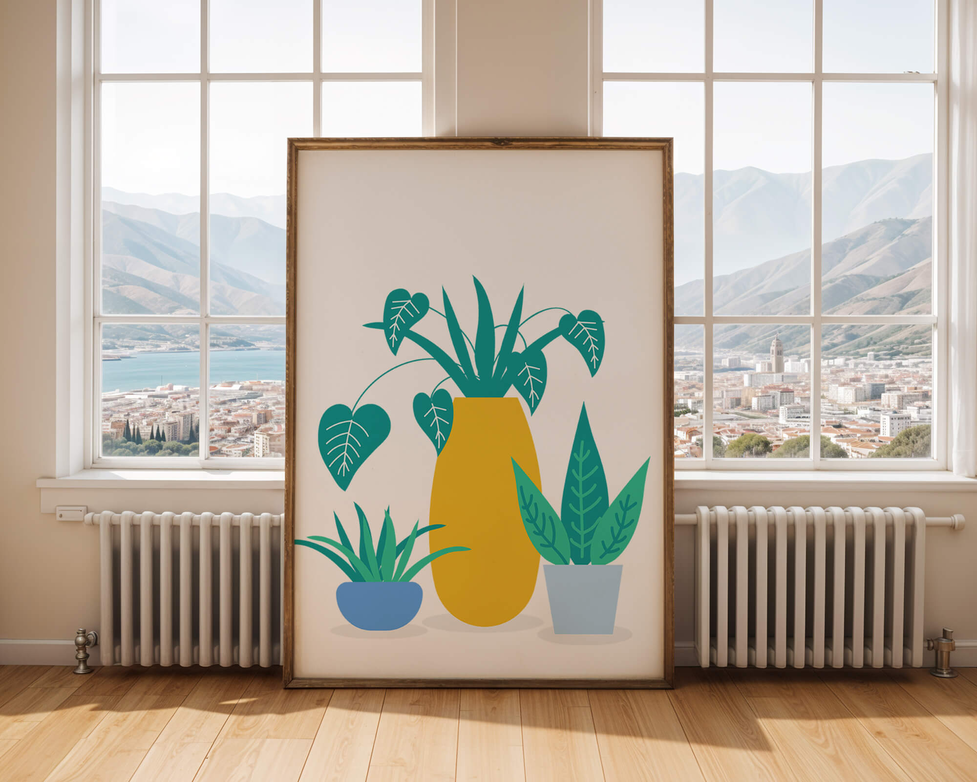 Illustration of colorful potted plants with a yellow vase