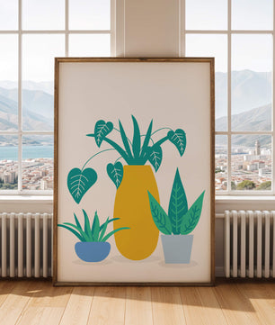 Illustration of colorful potted plants with a yellow vase