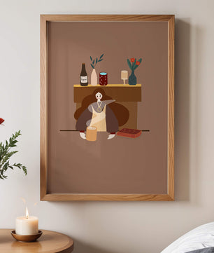 Escena acogedora con mujer junto a la chimenea y elementos decorativos