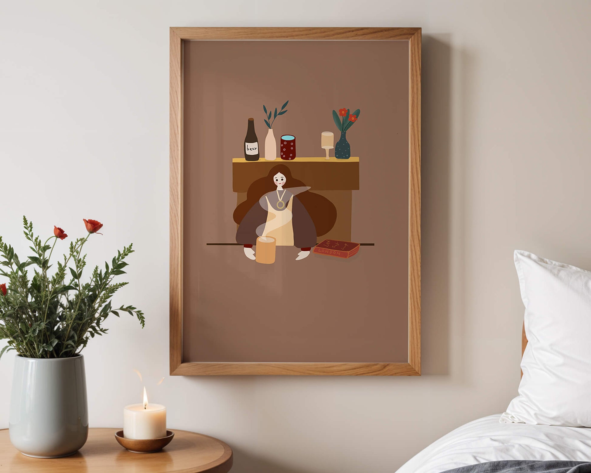 Escena acogedora con mujer junto a la chimenea y elementos decorativos