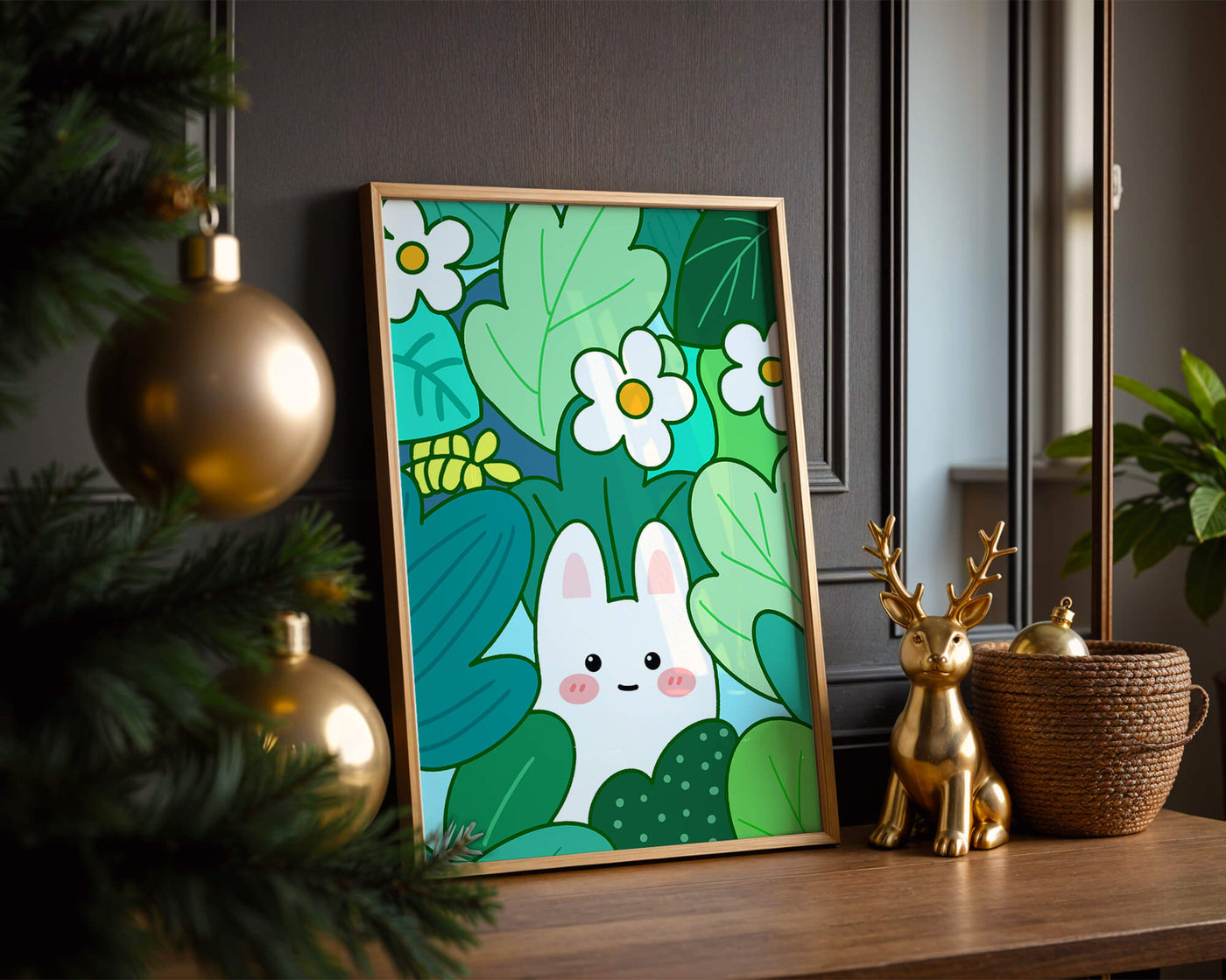Illustration of a cute rabbit hidden among flowers and greenery