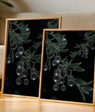 Elegante botanische Illustration mit leuchtenden Früchten und Blättern