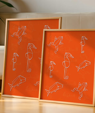 Geometrische Tiermuster auf leuchtend orangefarbenem Hintergrund