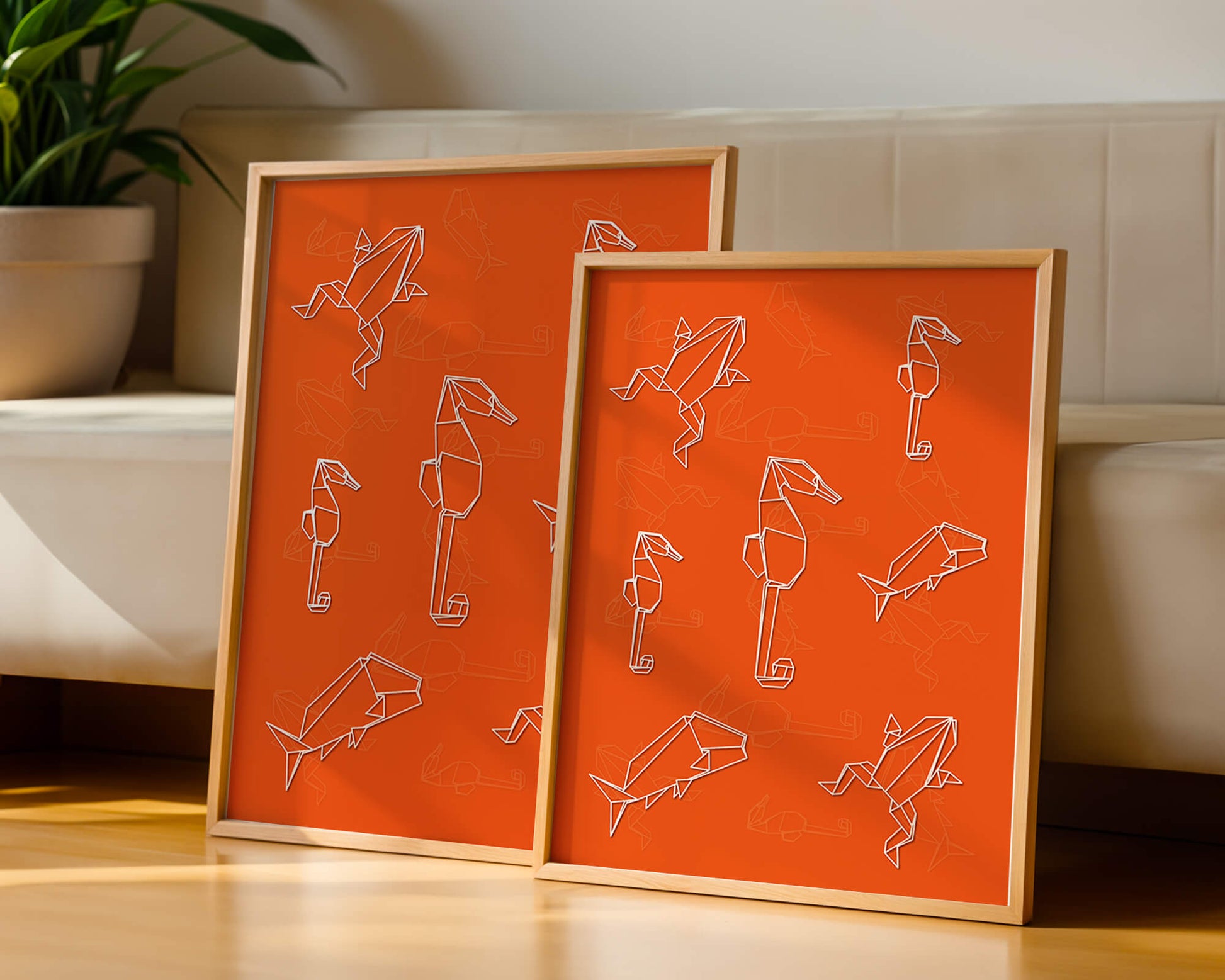 Geometric animal patterns on vibrant orange background
