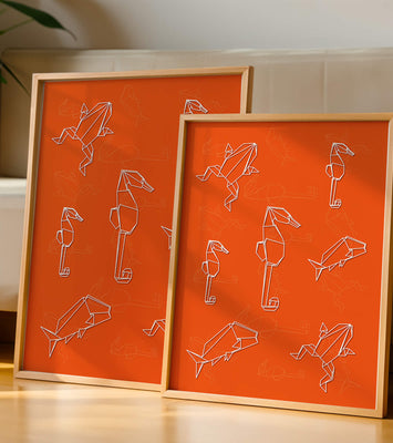 Geometric animal patterns on vibrant orange background