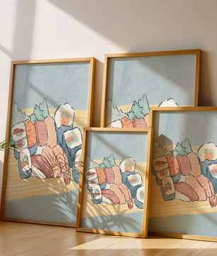 Illustration of assorted sushi rolls with shrimp and salmon on a bamboo mat