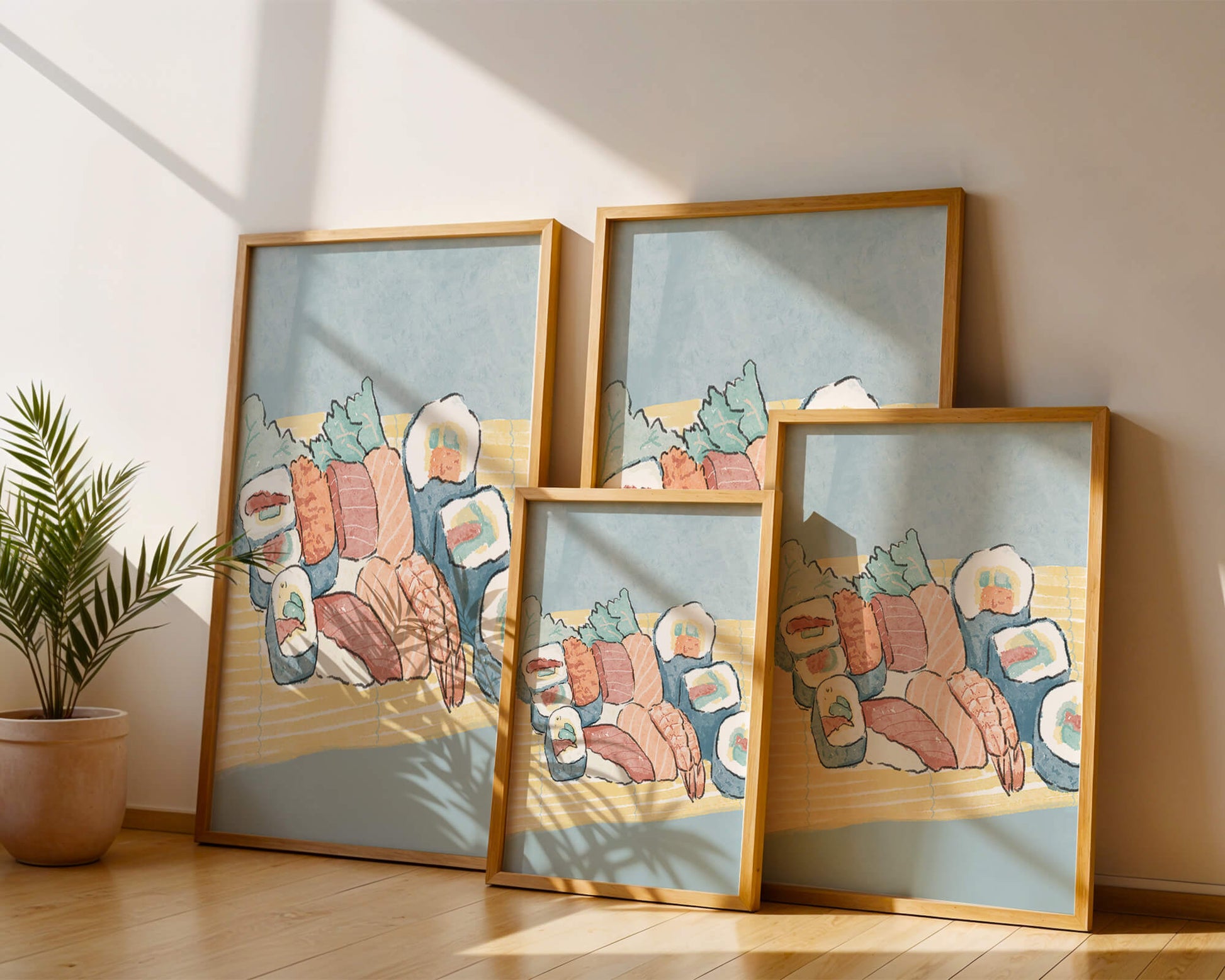Illustration of assorted sushi rolls with shrimp and salmon on a bamboo mat