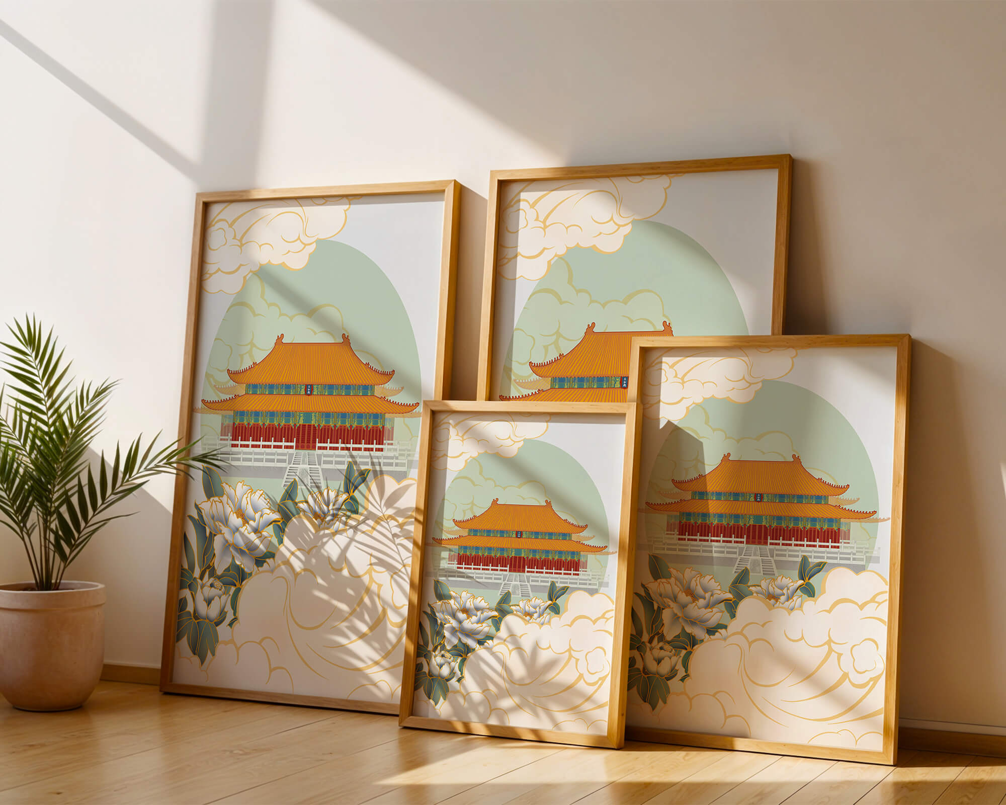 Traditional Asian palace illustration with floral and cloud motifs
