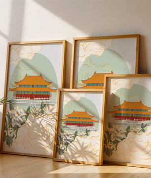 Traditional Asian palace illustration with floral and cloud motifs