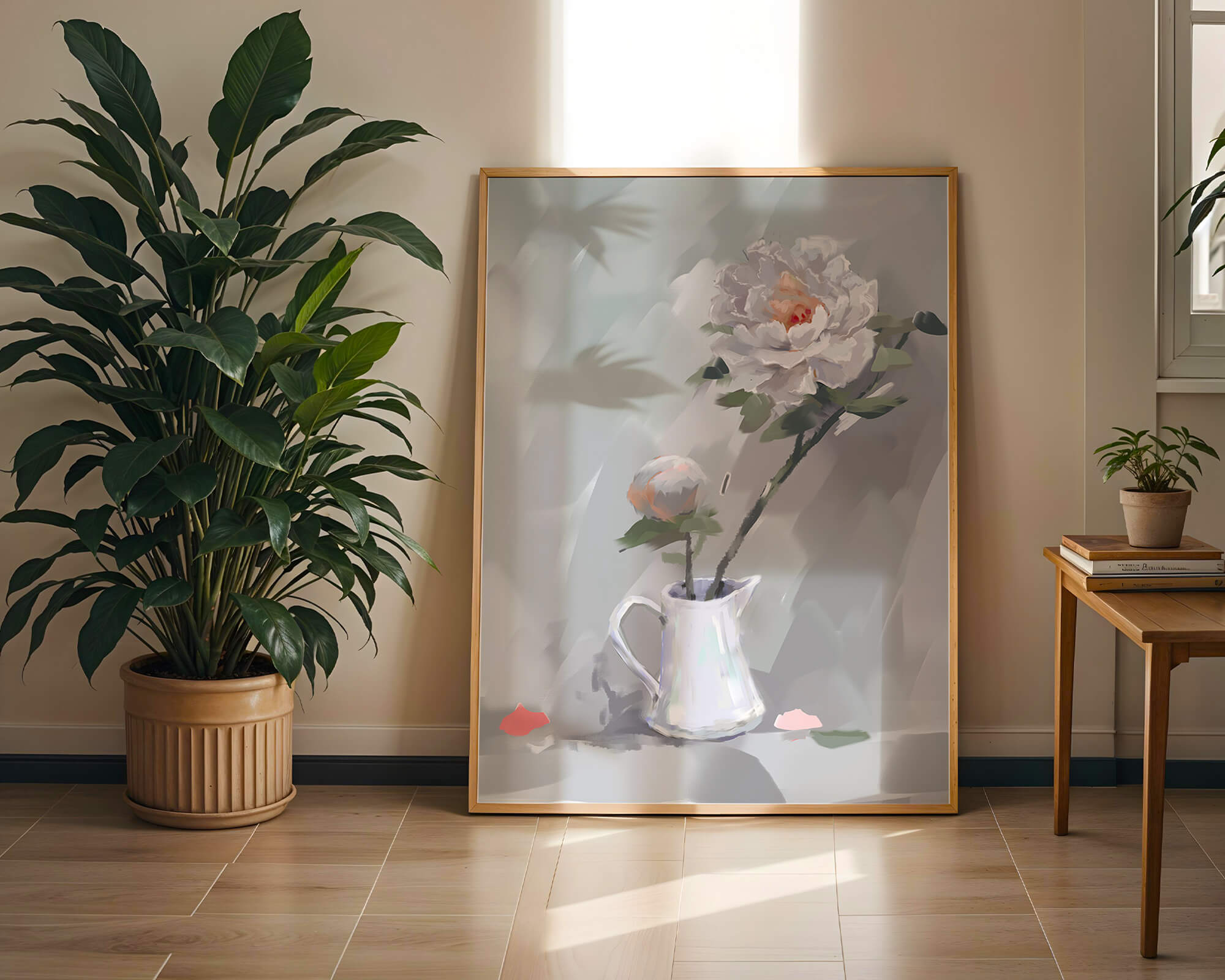 Elegant white peonies in a ceramic jug with soft pastel background