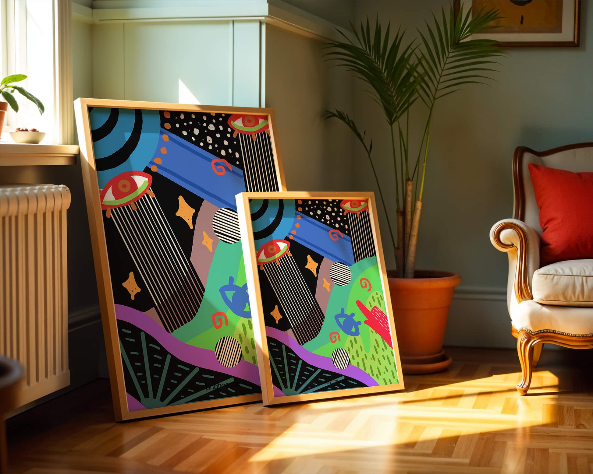 Œuvre d'art psychédélique abstraite colorée avec des formes géométriques et des yeux