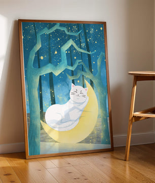 Cat sleeping on the moon in an enchanted forest under the starry sky