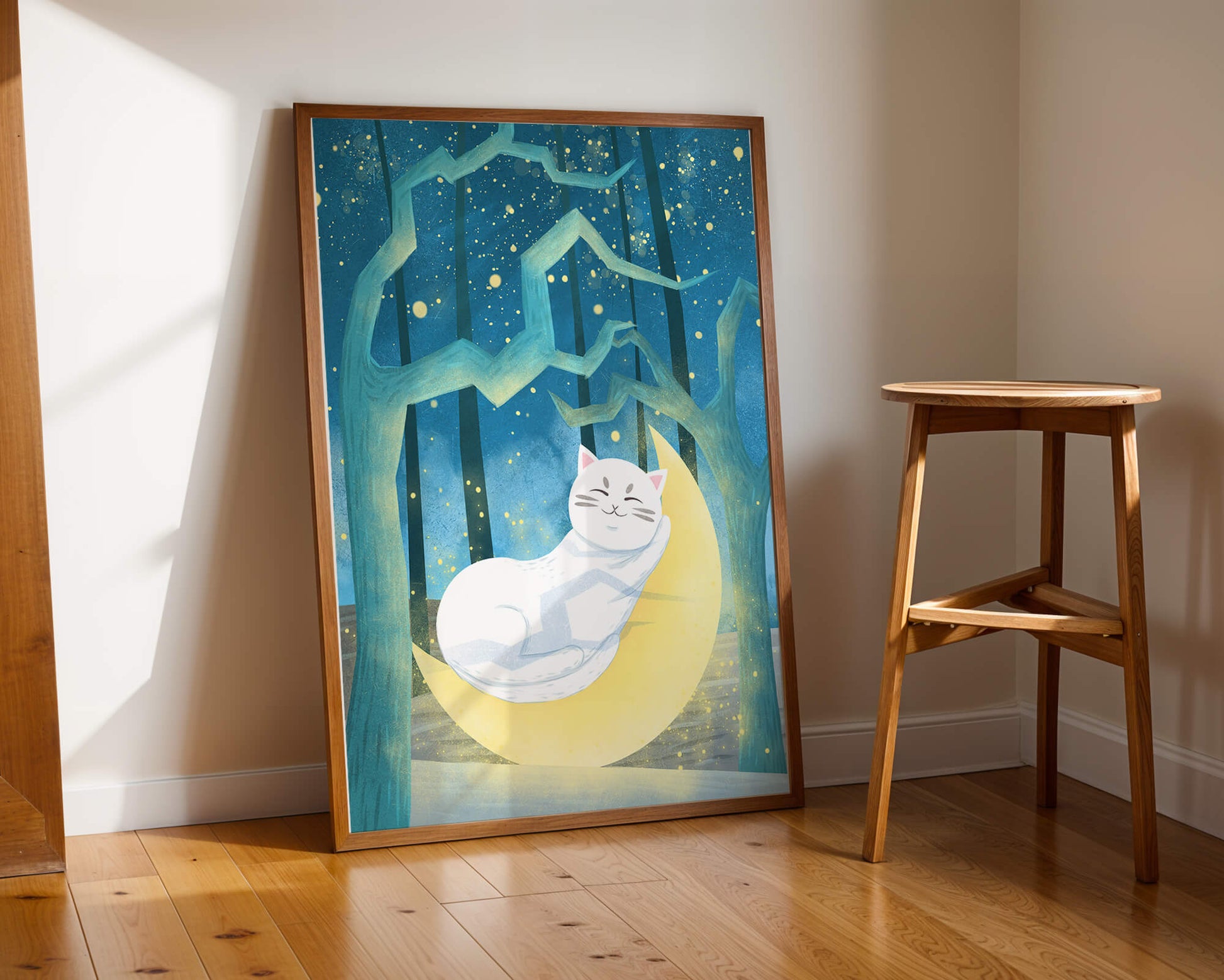 Cat sleeping on the moon in an enchanted forest under the starry sky