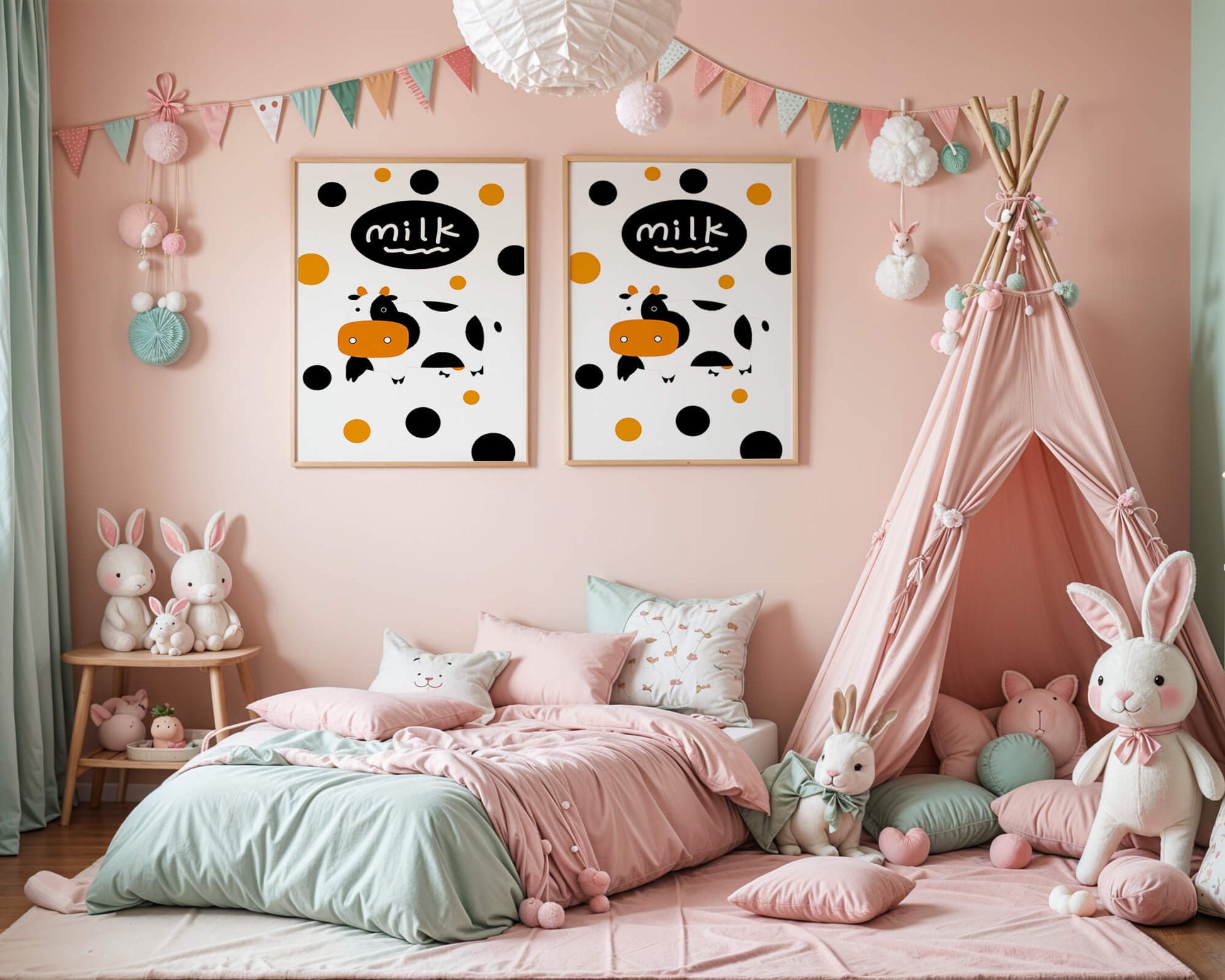 Illustrated cow with modern design and abstract elements